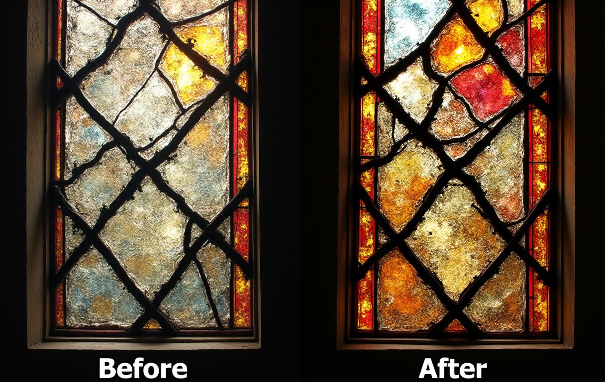 Church stained glass restoration before and after